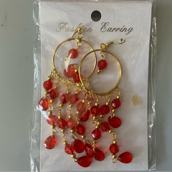 Gold Hoop Earrings with Red Bead Fringe - Picture 4 of 4